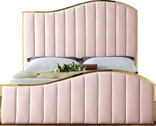 Meridian Furniture Jolie Collection Modern _ Contemporary Velvet Upholstered Bed With Channel Tufting, And Polished Gold Metal Frame, Black, King.webp