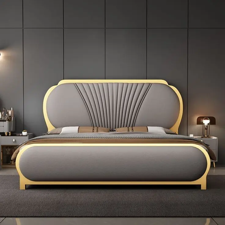 Gray fabric and gold Matelic Strip Luxsirious Bed