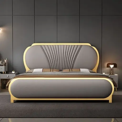 Gray fabric and gold Matelic Strip Luxsirious Bed