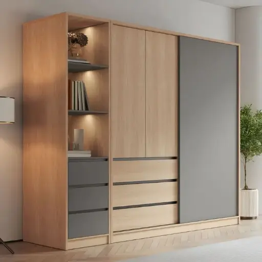 Bedroom Sliding Door Storage Cabinet Light Wood Finish Modern Cabinet with Drawers Armoires & Wardrobes