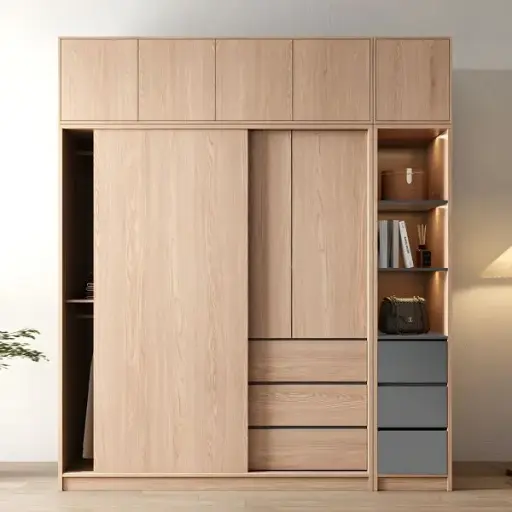 Sophisticated Natural Wood Wardrobe Armoire with 3 Clothing Rods & Drawers .