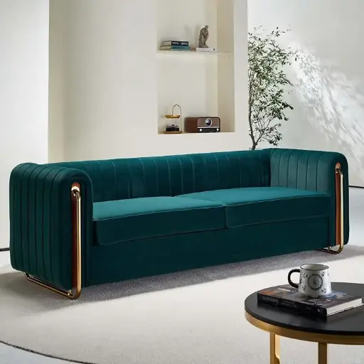 Velvet Couch with Metal Accents