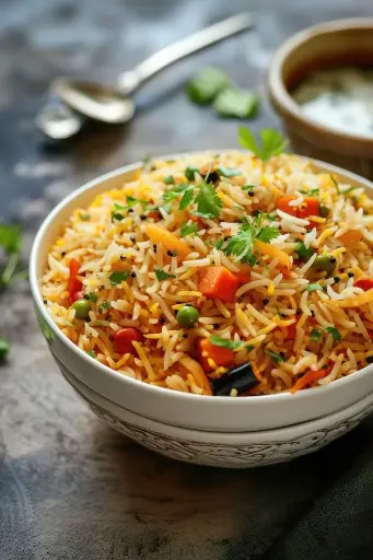 Delicious Veg Biryani with Toppings in Bowl